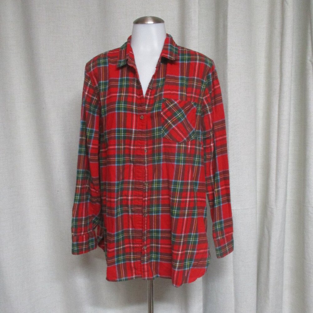 OLD NAVY soft flannel plaid red green button down tunic shirt top blouse